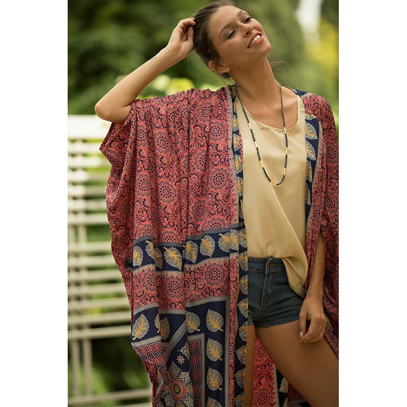 2021 Brown Retro Printed Batwing Sleeve Front Open Kimono Plus Size Women Clothing Casual Long Tops and Blouses Shirts Q1217