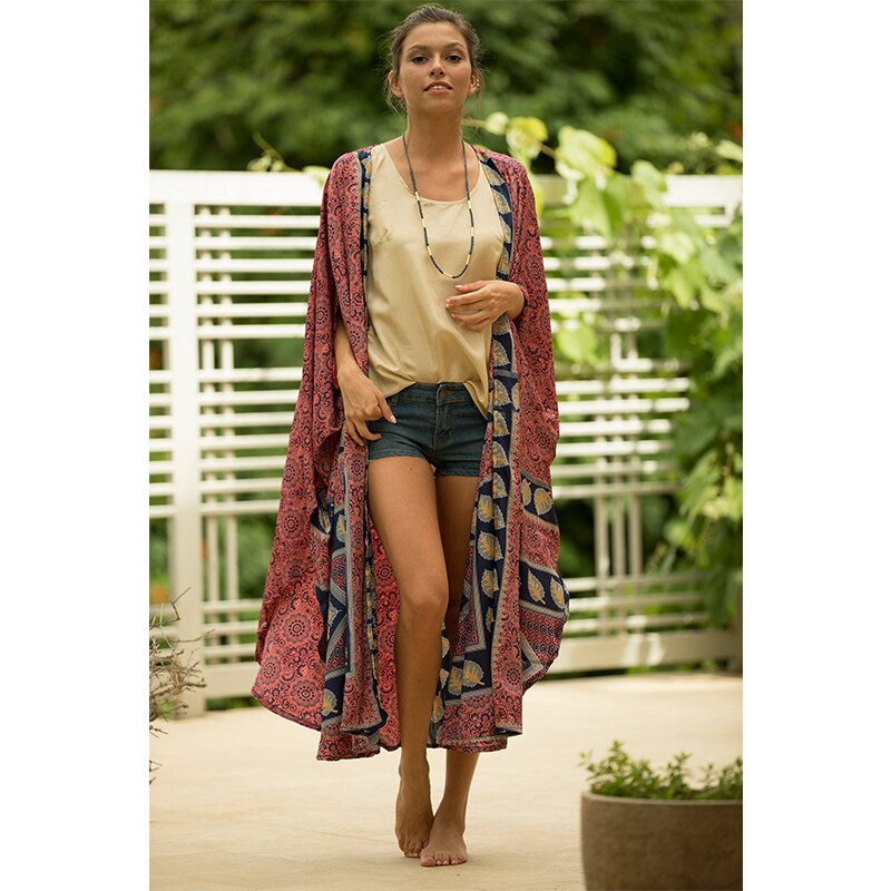 2021 Brown Retro Printed Batwing Sleeve Front Open Kimono Plus Size Women Clothing Casual Long Tops and Blouses Shirts Q1217