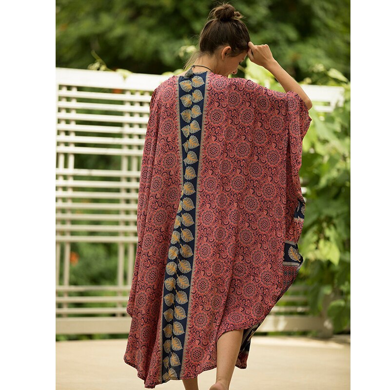 2021 Brown Retro Printed Batwing Sleeve Front Open Kimono Plus Size Women Clothing Casual Long Tops and Blouses Shirts Q1217