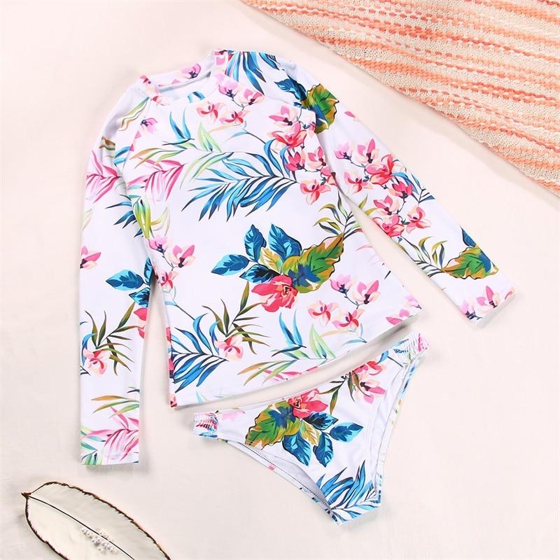 2021 Long Sleeve Swimsuit Floral Print Bikini Bathing Suit Women Biquini High Neck Two Two-Piece Suits Swimwear Femlae Bikinis