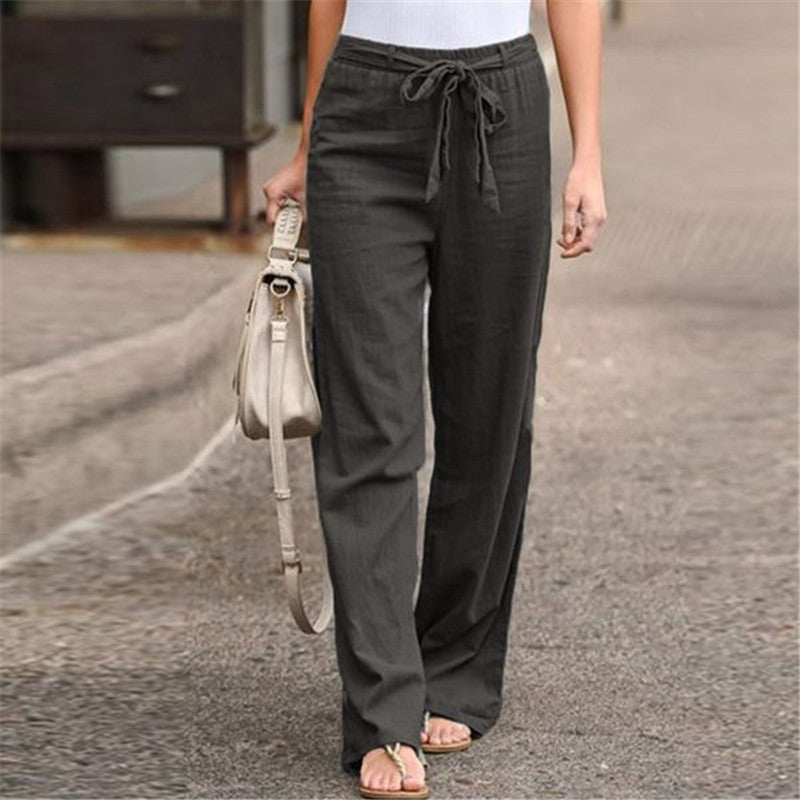 Women Pants Fashion Linen Cotton Solid Elastic Waist Trousers Female Plus Size Ankle-length Trousers Summer Casual Pants