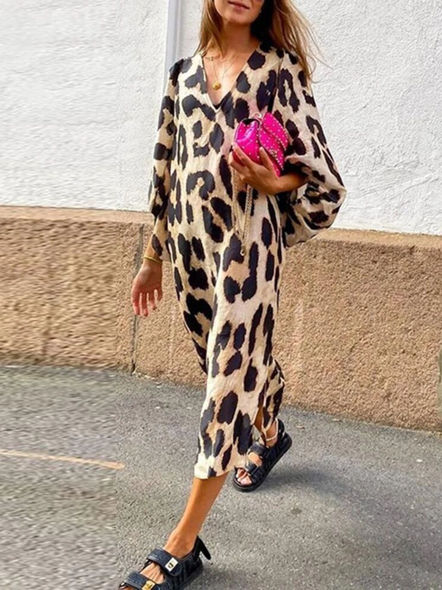 Autumn and Winter New Fashion Leopard Pattern Loose Lantern Sleeve Dress Long Dress