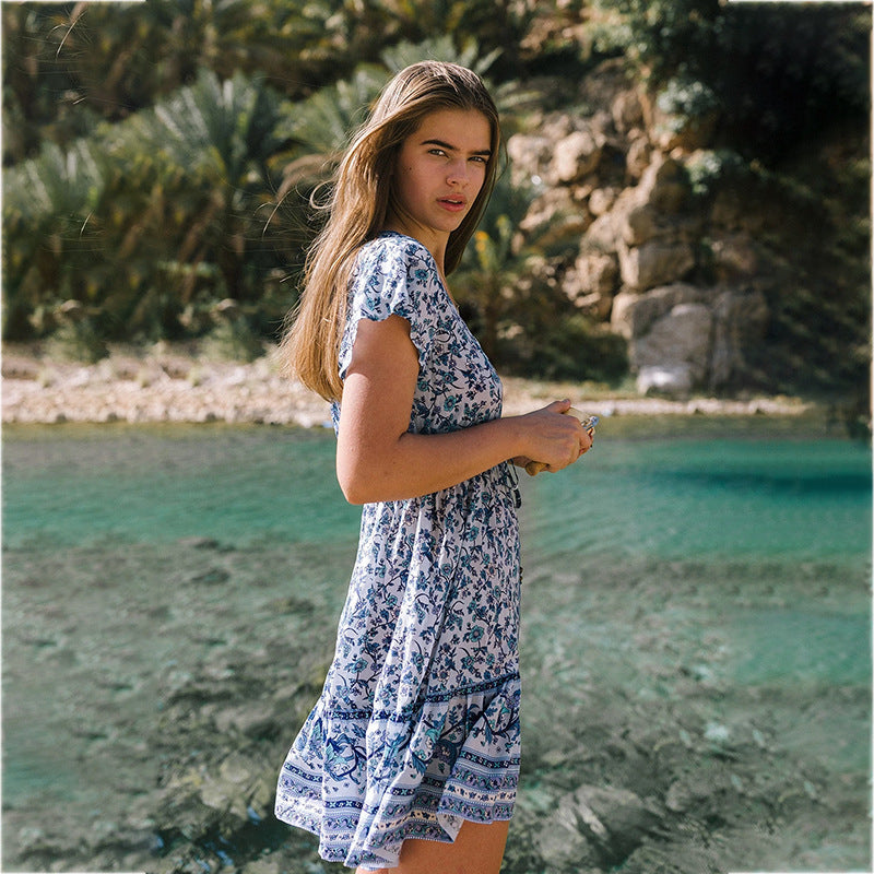 Spring and Summer New Beach Dress Printed Single-row V Collar Short-sleeved Bohemian Dress