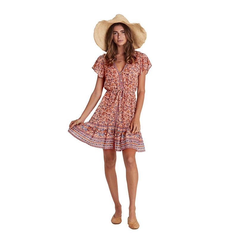 Spring and Summer New Beach Dress Printed Single-row V Collar Short-sleeved Bohemian Dress