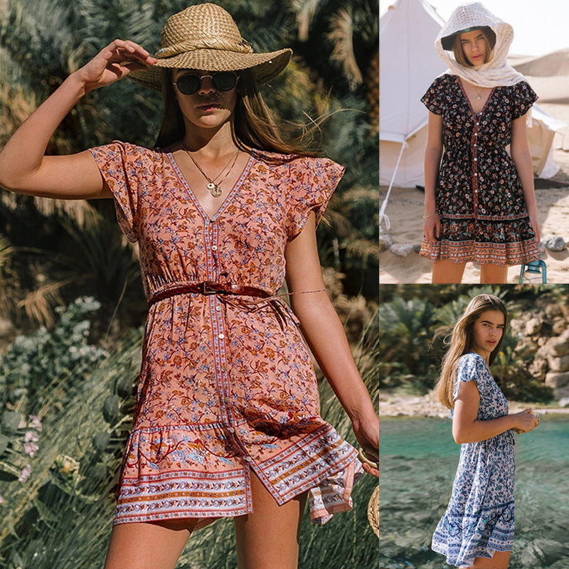 Spring and Summer New Beach Dress Printed Single-row V Collar Short-sleeved Bohemian Dress