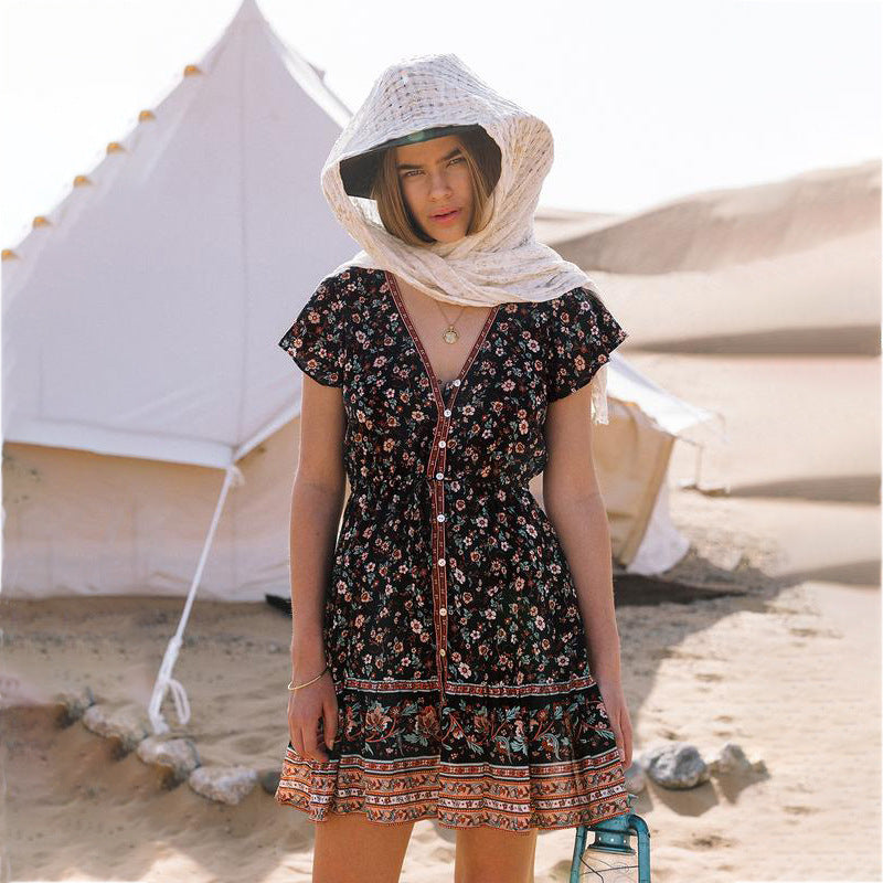 Spring and Summer New Beach Dress Printed Single-row V Collar Short-sleeved Bohemian Dress