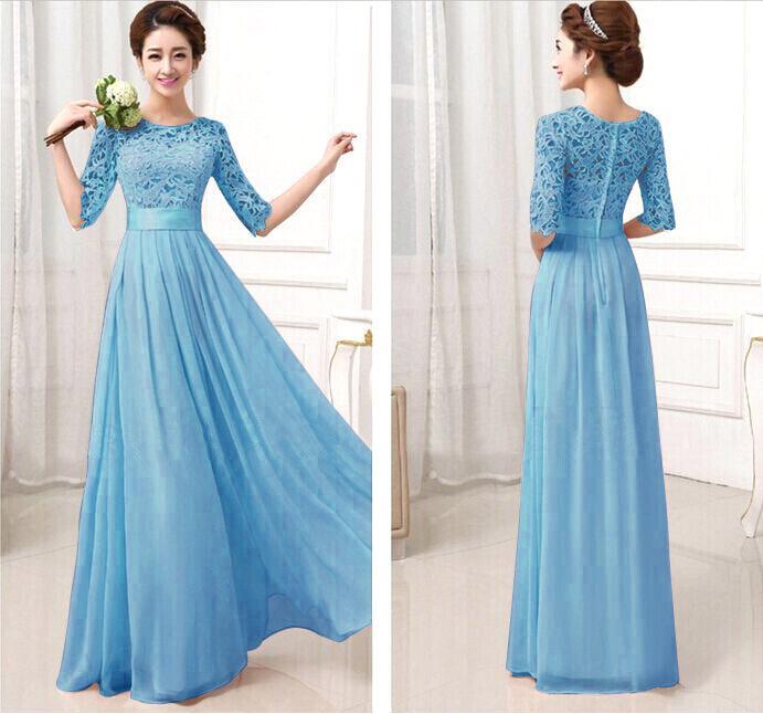 Fashion Chiffon Lace Solid Color Evening Maxi Dress