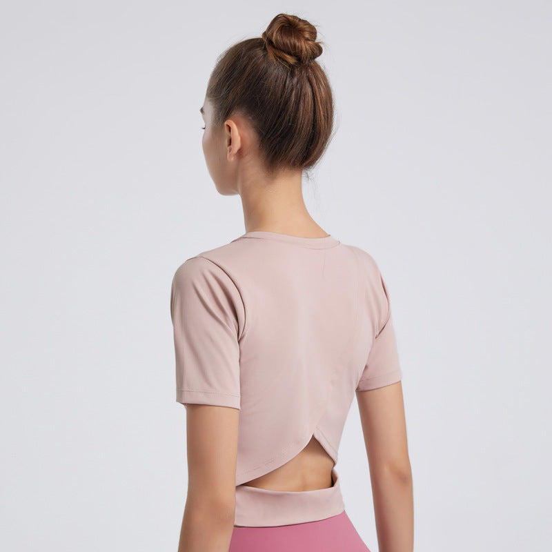 5 Colors Yoga Short Sleeves Solid Color Bare Navel Open Back Yoga Jacket Women Practice Quick Dry Fitness T Shirt