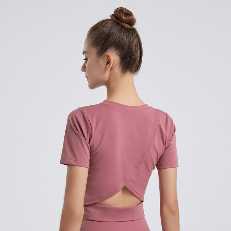 5 Colors Yoga Short Sleeves Solid Color Bare Navel Open Back Yoga Jacket Women Practice Quick Dry Fitness T Shirt