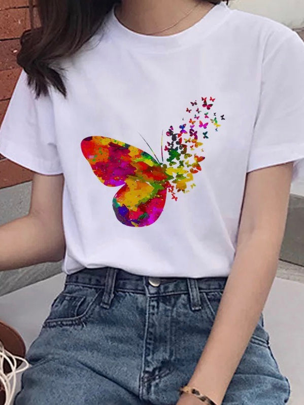 Women's Colorful Butterfly Print Short Sleeve T-shirt