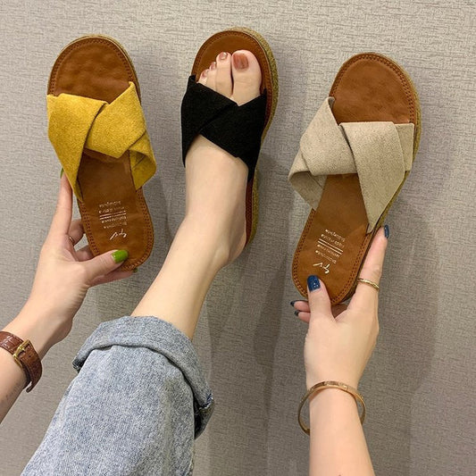 Summer Outerwear Flat Bottomed Cross Over Women's Slippers with One Line Suede Surface
