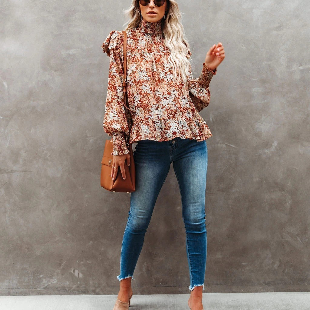 New Pleated High-necked Small  Floral Print Blouses