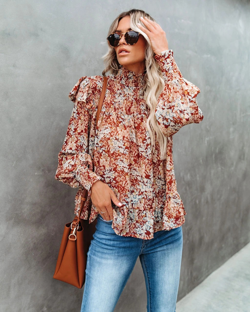 New Pleated High-necked Small  Floral Print Blouses