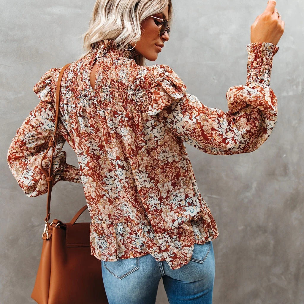 New Pleated High-necked Small  Floral Print Blouses