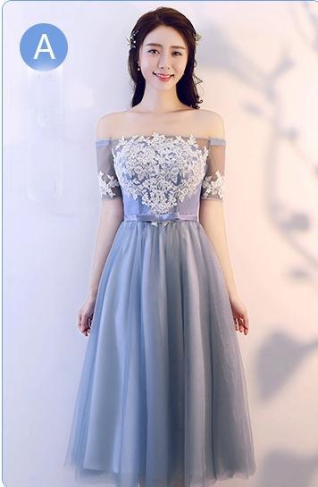 Gray Lace Graduation Bridesmaid  Party Evening Dress