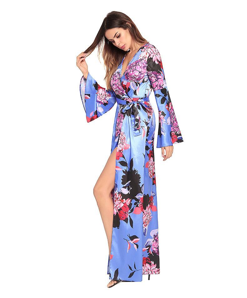 Flower V Neck Long Sleeve Split Maxi Dress