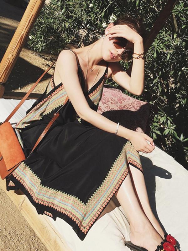 Attractive Black Bohemia Spaghetti Straps Deep V Neck Backless Beach Midi Dress