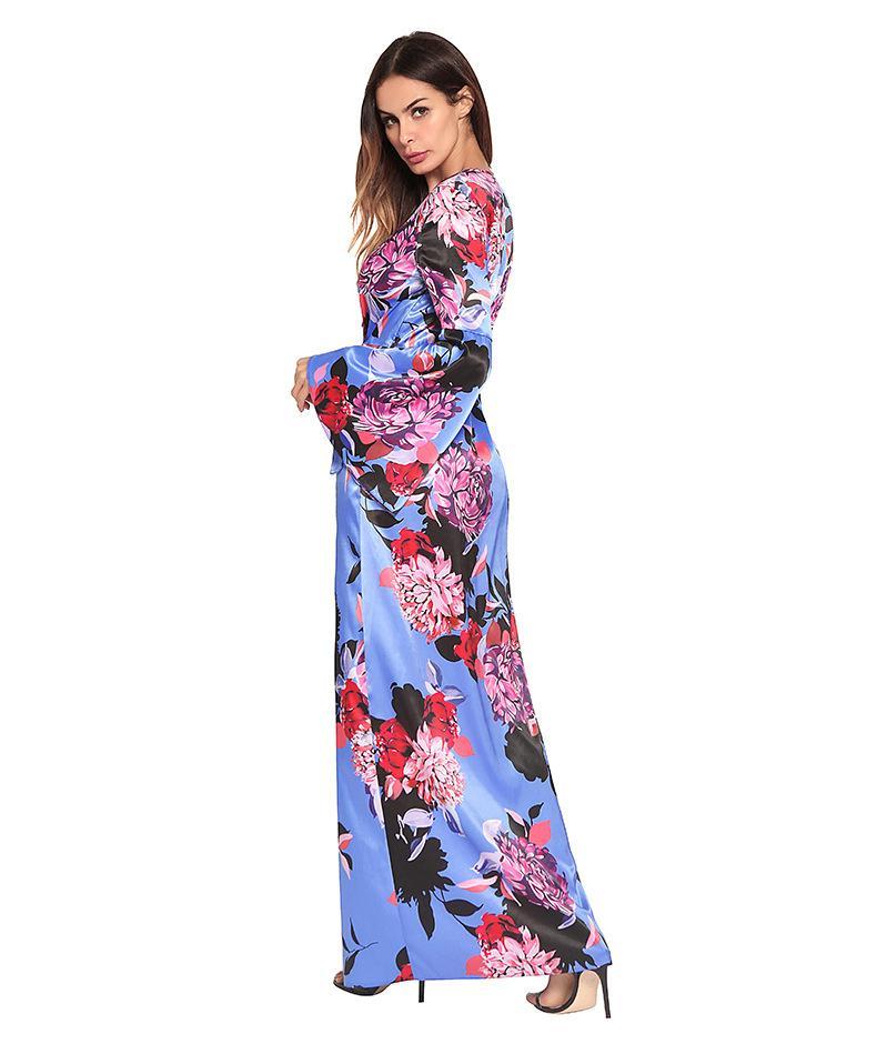 Flower V Neck Long Sleeve Split Maxi Dress