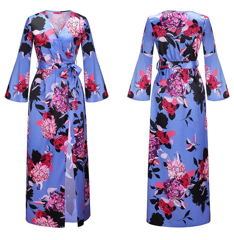 Flower V Neck Long Sleeve Split Maxi Dress