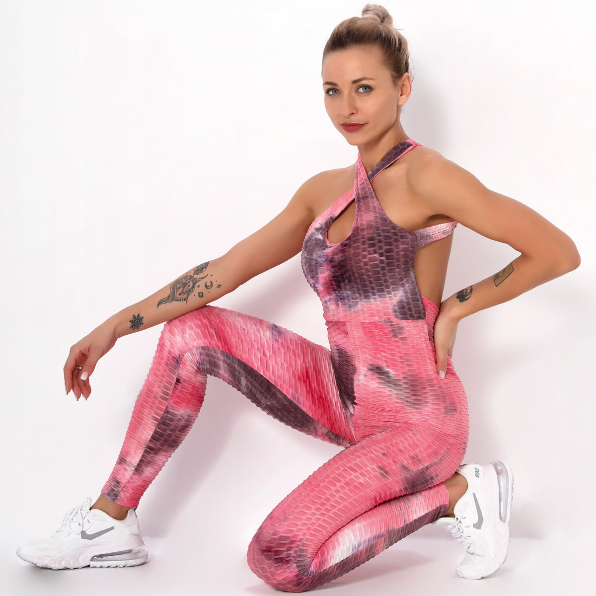 Ink jacquard tie-dye yoga bubble one-piece suit for bodybuilding and buttock lifting