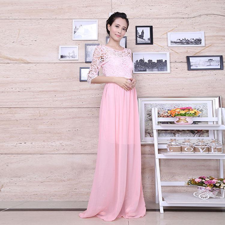 Fashion Chiffon Lace Solid Color Evening Maxi Dress