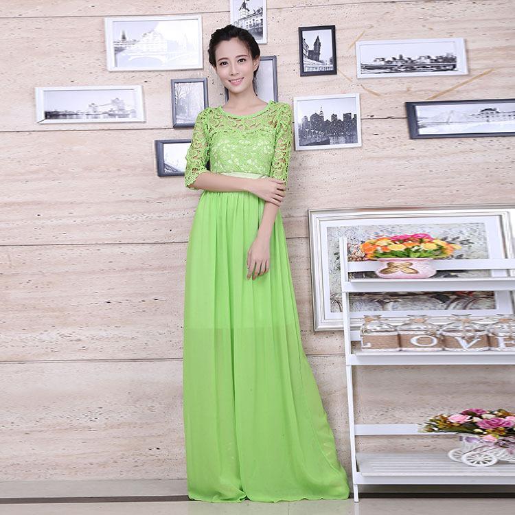 Fashion Chiffon Lace Solid Color Evening Maxi Dress