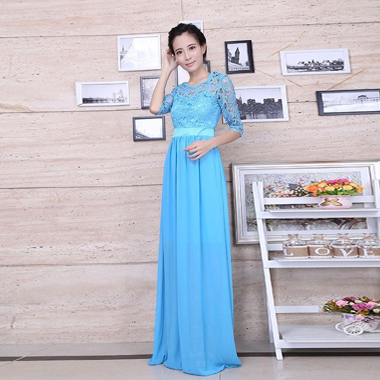 Fashion Chiffon Lace Solid Color Evening Maxi Dress