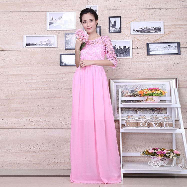 Fashion Chiffon Lace Solid Color Evening Maxi Dress