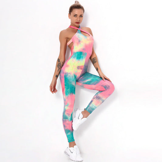 Ink jacquard tie-dye yoga bubble one-piece suit for bodybuilding and buttock lifting