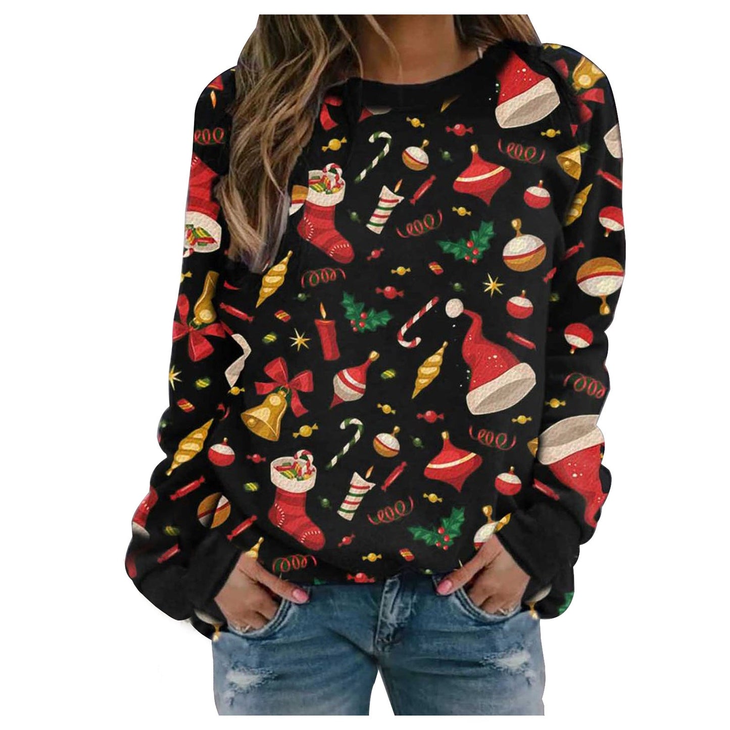 Christmas Women's Printed Round Neck Long Sleeve Fleece Sweater