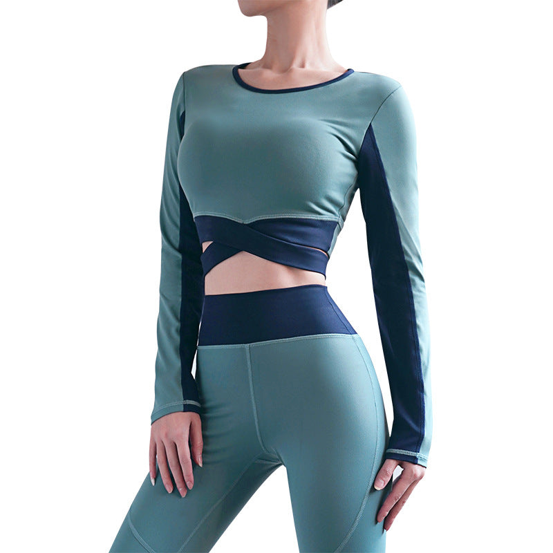 Yoga dress women's autumn and winter new cross shoulder belt Yoga long sleeve T-shirt sports fitness navel top