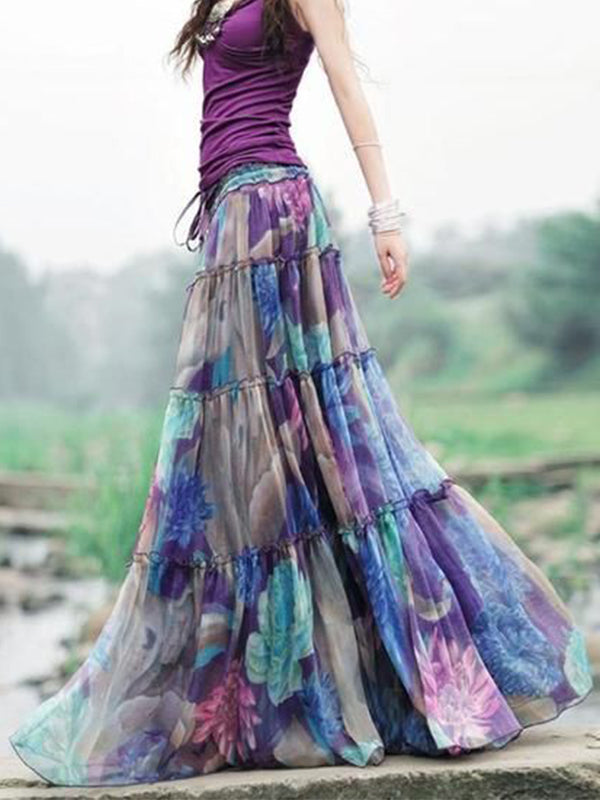 Bohemian Floral Printed Mid-Calf Pleated Chiffon Skirt