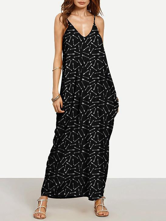 Cool Black Bohemia Spaghetti Straps V Neck Maxi Dress