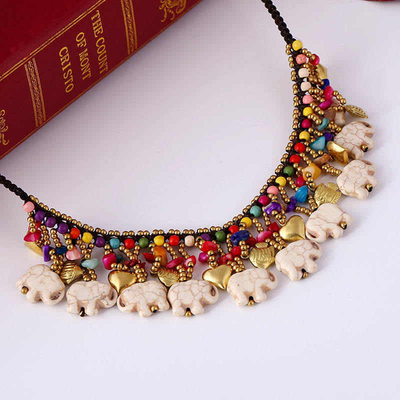 Boho style semi-precious stone necklace Thai wax thread braided clavicle chain women