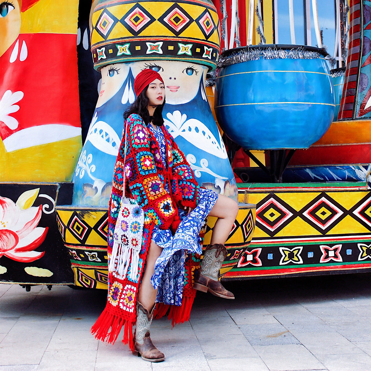 Tibetan style women's hippie woven crochet handmade ethnic sweater red tassel coat