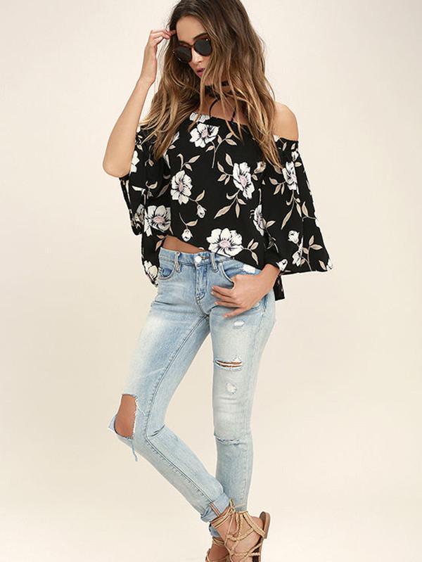 Fashion Floral Off Shoulder 3/4 Sleeve Blouse Shirt Tops