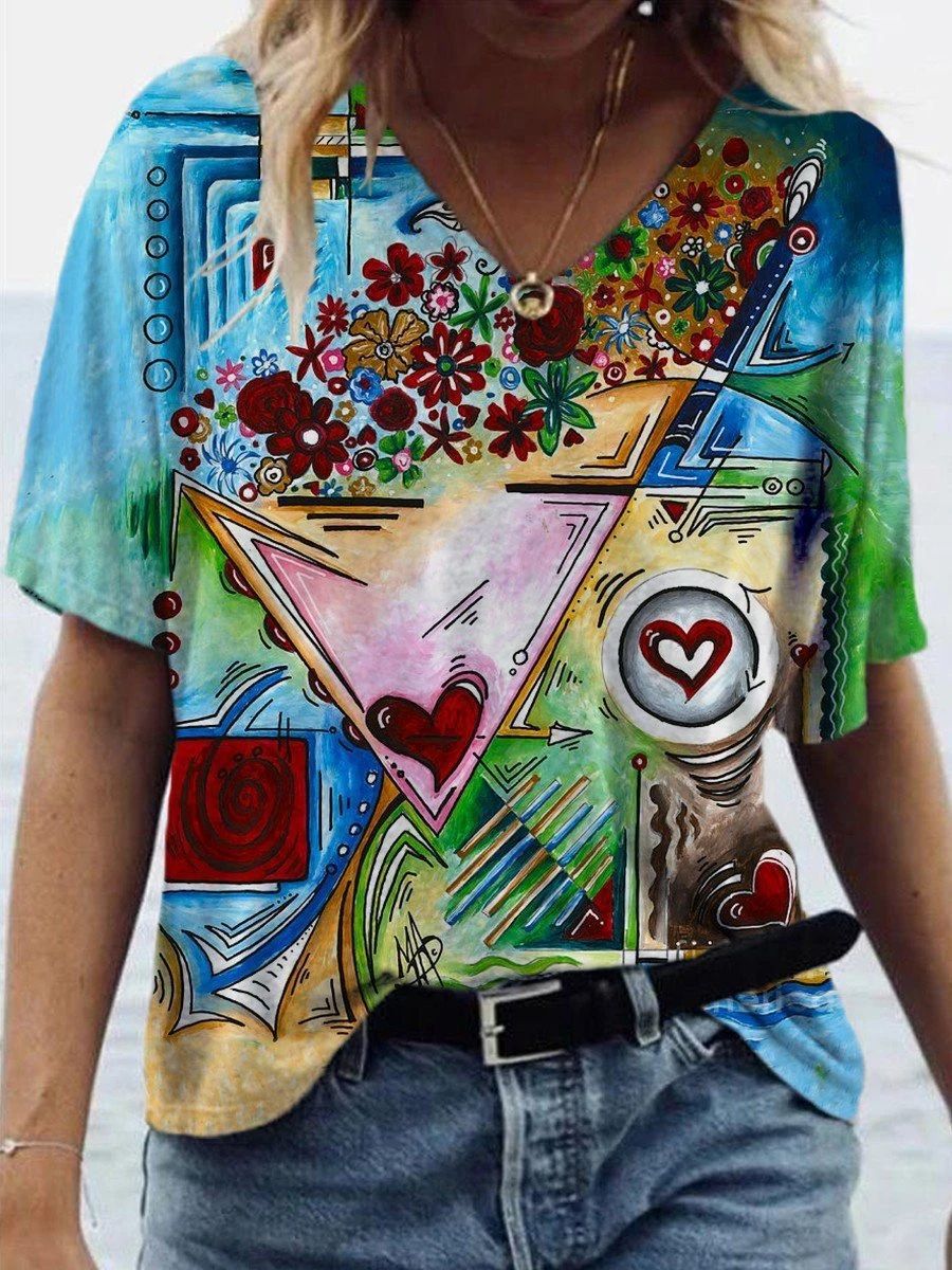 V-neck Abstract Painting Printed Short-sleeved T-shirt Female