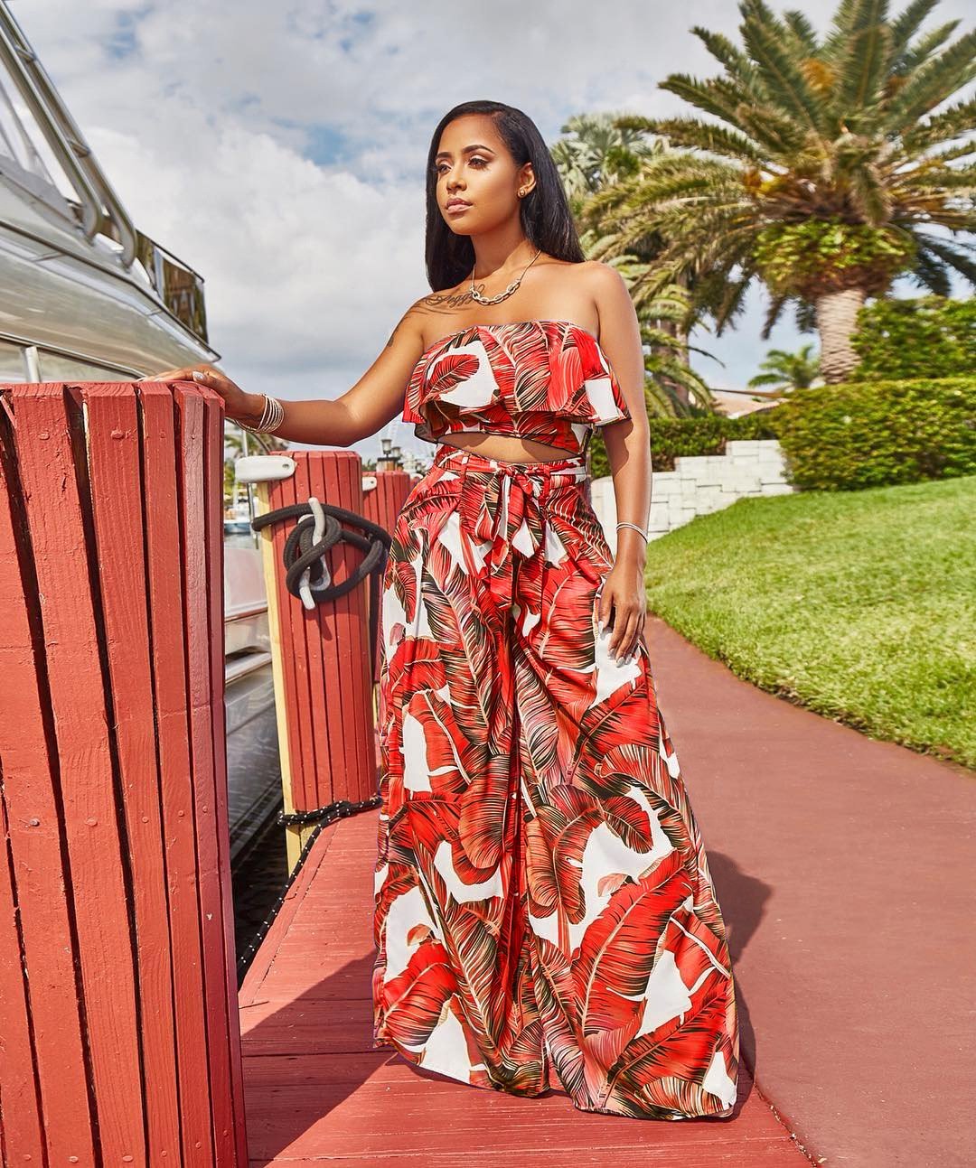 SEXY PRINTING STRAPLESS FLOUNCE TOP WIDE-LEG TROUSERS SUIT