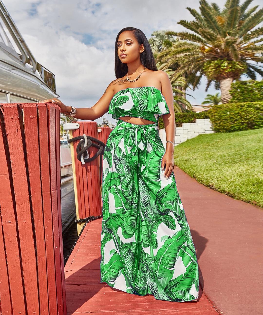 SEXY PRINTING STRAPLESS FLOUNCE TOP WIDE-LEG TROUSERS SUIT