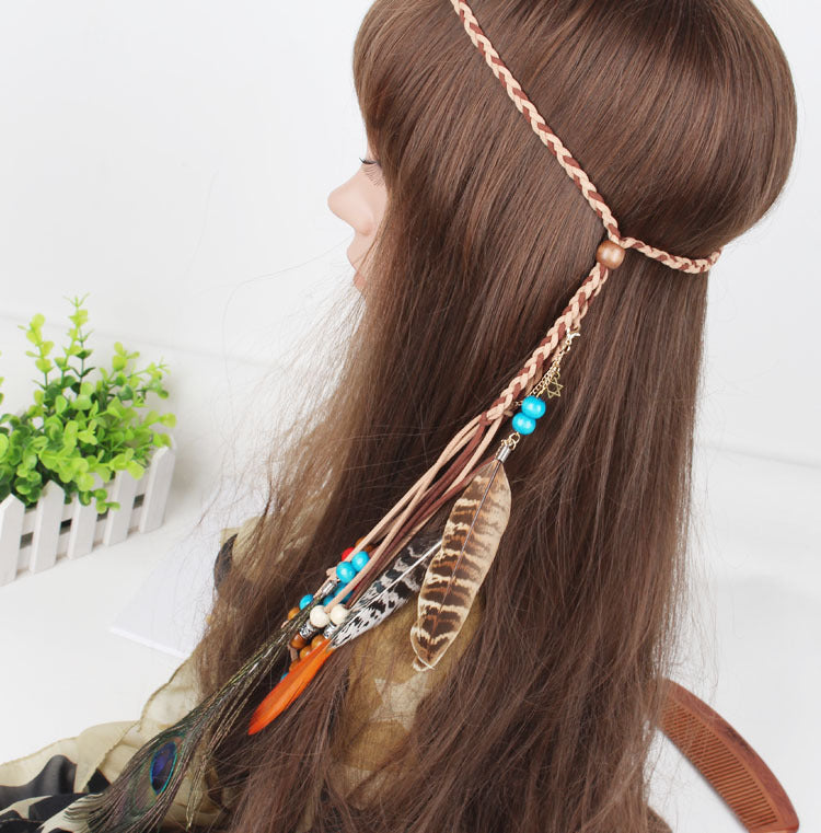 Bohemian Gypsy Handmade Peacock Feathers Beads Headwear Accessories