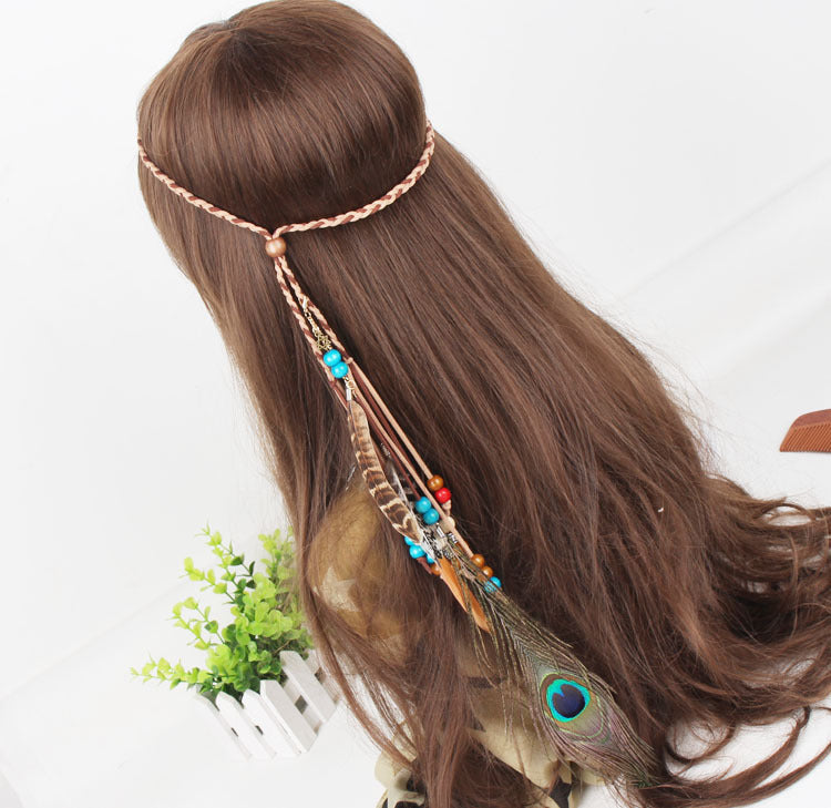 Bohemian Gypsy Handmade Peacock Feathers Beads Headwear Accessories