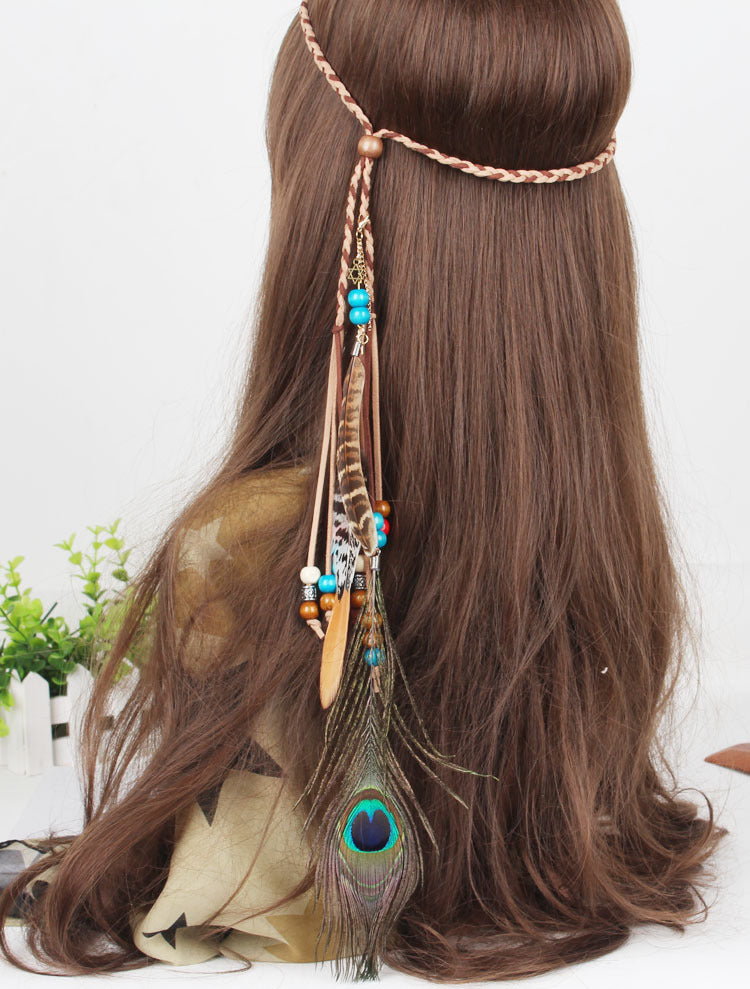 Bohemian Gypsy Handmade Peacock Feathers Beads Headwear Accessories