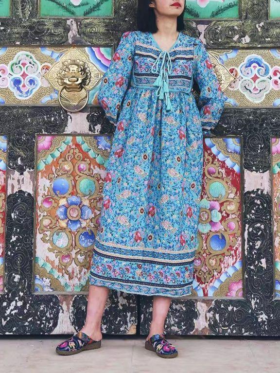 Romantic Blue Floral 3/4 Sleeve Bohemia Dress Maxi Dress