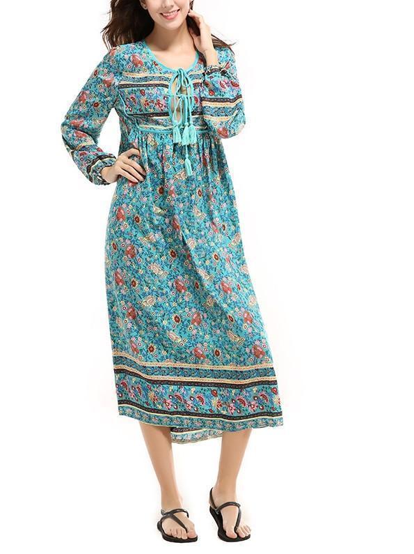 Romantic Blue Floral 3/4 Sleeve Bohemia Dress Maxi Dress