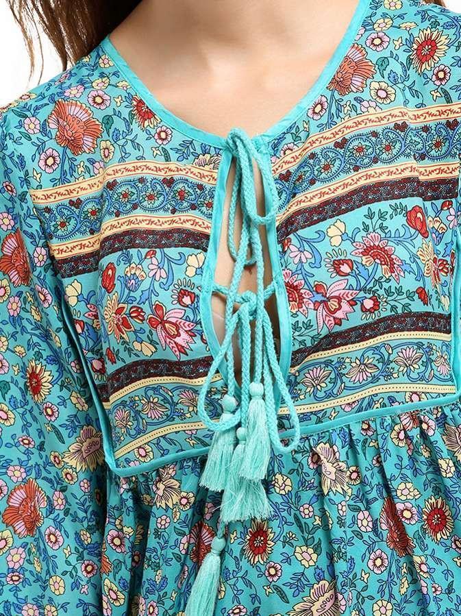 Romantic Blue Floral 3/4 Sleeve Bohemia Dress Maxi Dress