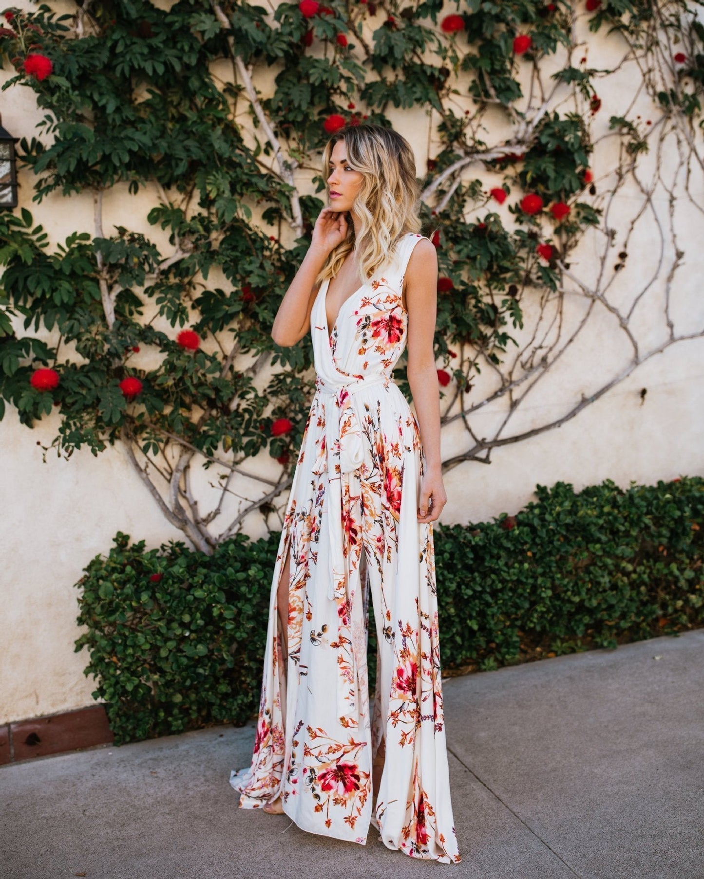 New Print V Neck Sleeveless Split Beach Maxi Long Dress