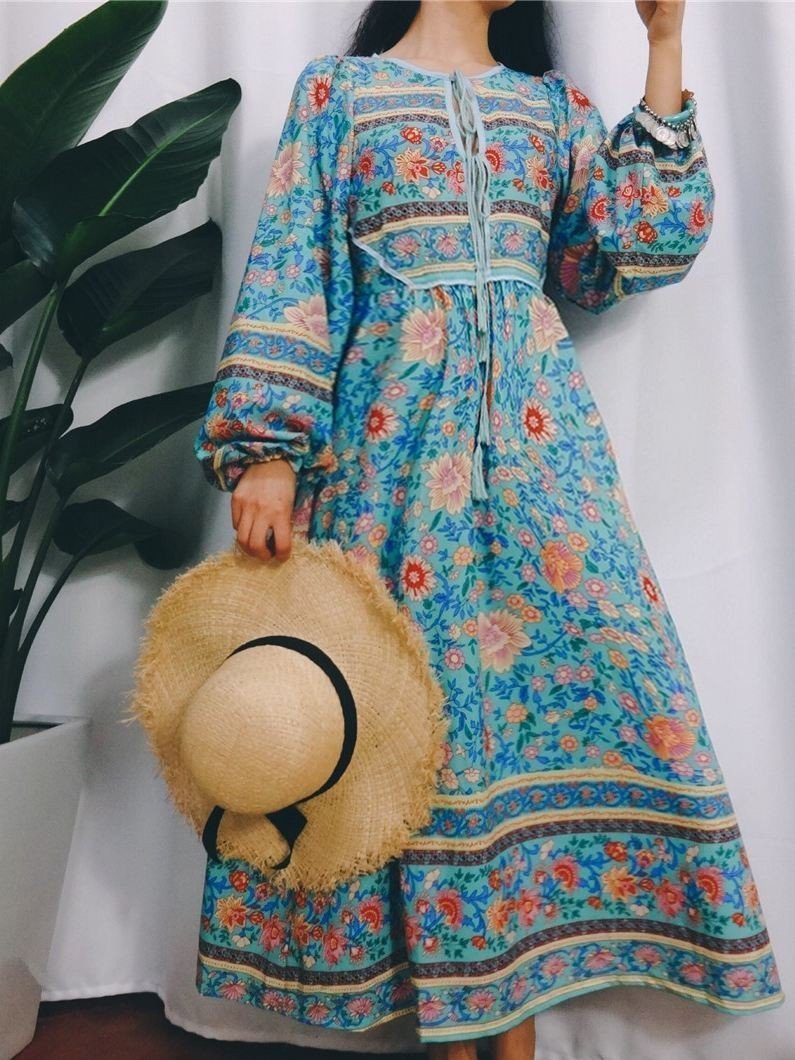 Romantic Blue Floral 3/4 Sleeve Bohemia Dress Maxi Dress