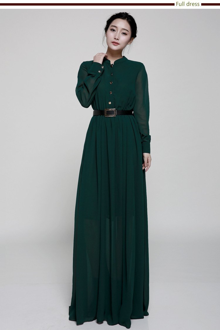 Stand-Up Collar Single-Breasted Long-Sleeved Large Swing Chiffon Mopping Dress