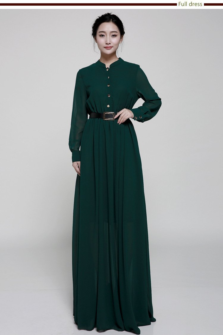 Stand-Up Collar Single-Breasted Long-Sleeved Large Swing Chiffon Mopping Dress