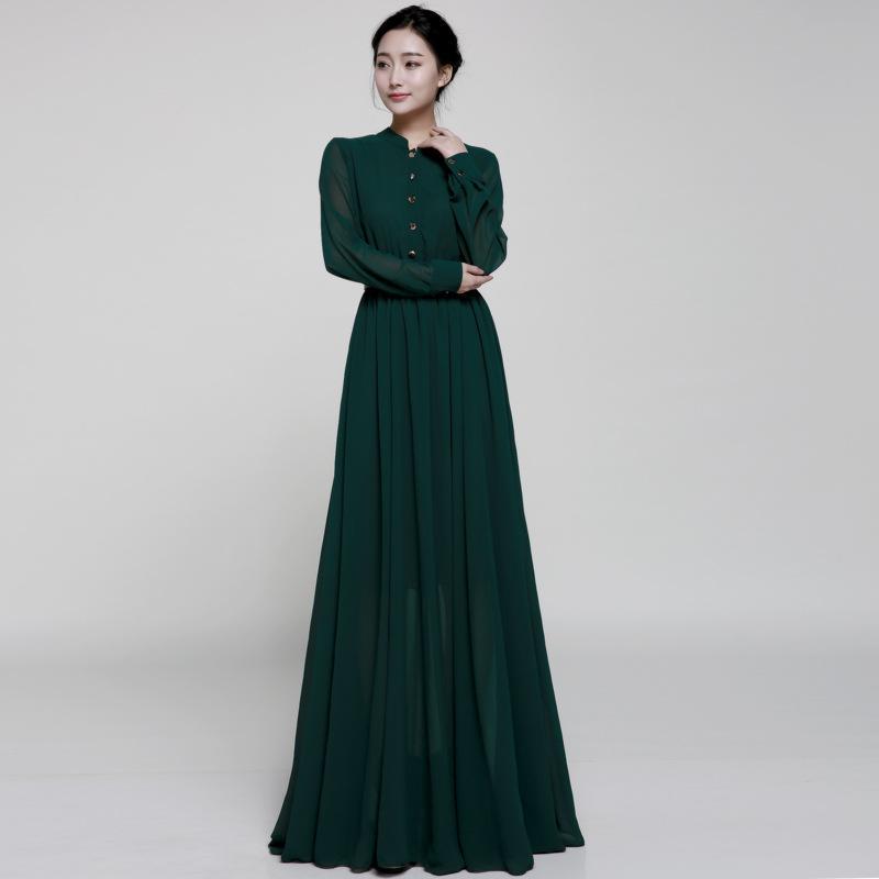 Stand-Up Collar Single-Breasted Long-Sleeved Large Swing Chiffon Mopping Dress